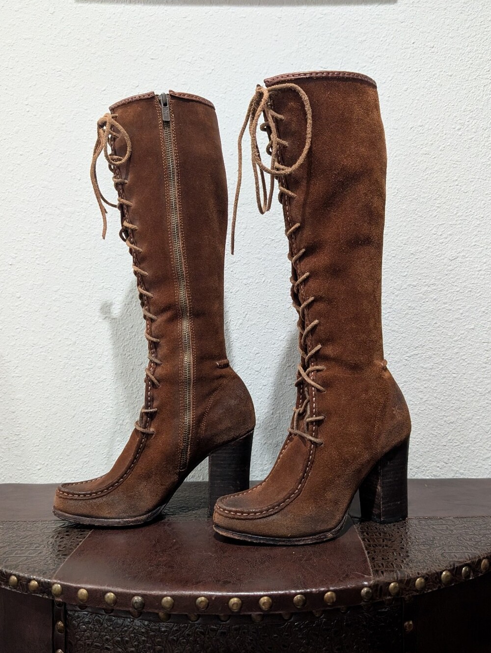 FRYE Parker Moccasin Lace Up Tall Knee High Zip Brown Suede Leather Boots - Picture 2 of 16